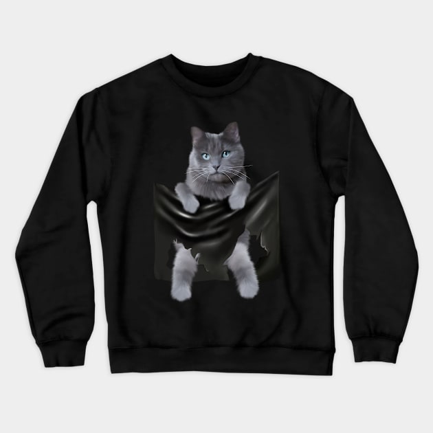 Russian blue Cat inside Pocket, Funny Cat Lover Crewneck Sweatshirt by dukito